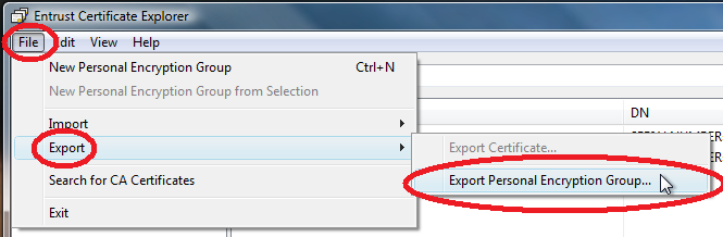 Select File and Export. Then, click Export Personal Encryption Group…
